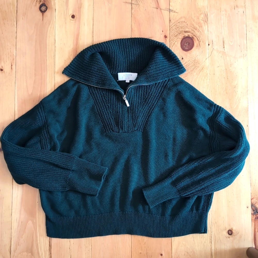 La Ligne Forest Green Zip Up Funnel Neck Cropped Sweater